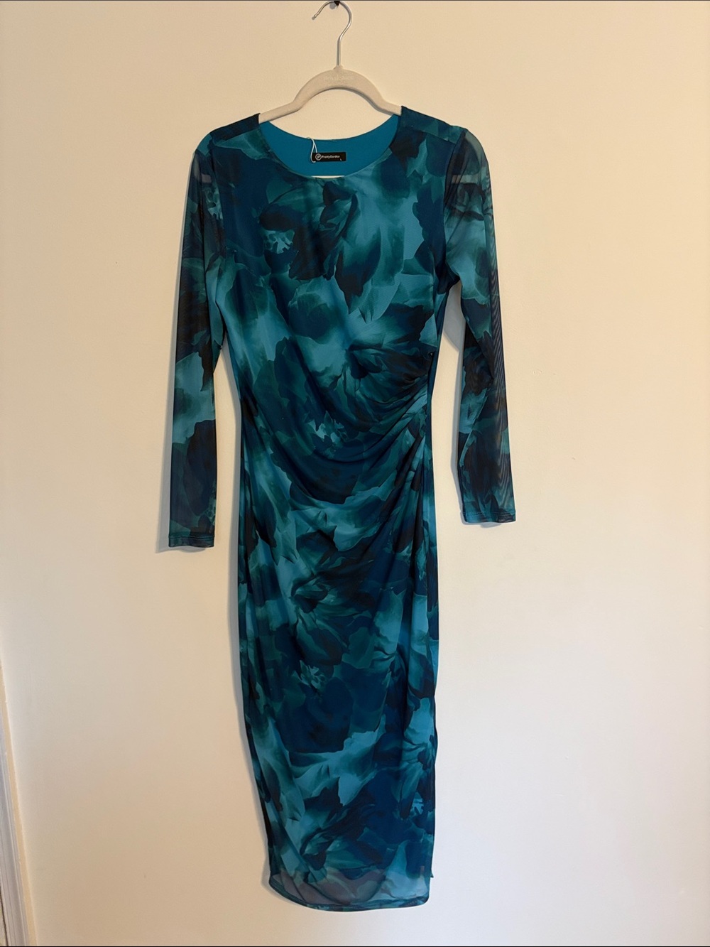 Women's Teal Floral Long-Sleeve Sheath Dress